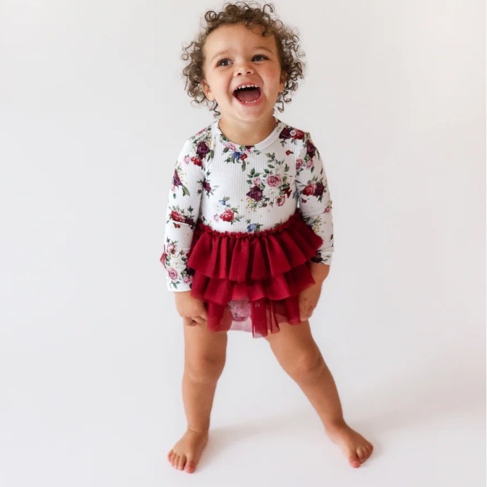 NWT Posh Peanut Phillipa Floral Ribbed Tutu Bodysuit Tulle 12-18 months Nee
